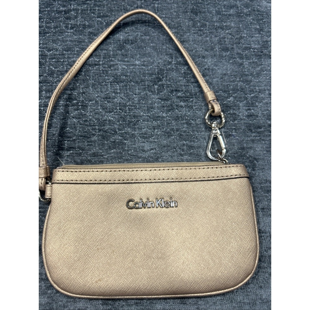 Calvin Klein Saffiano Wristlet Gold Vegan Leather Zip Wallet Pouch Mini Bag
